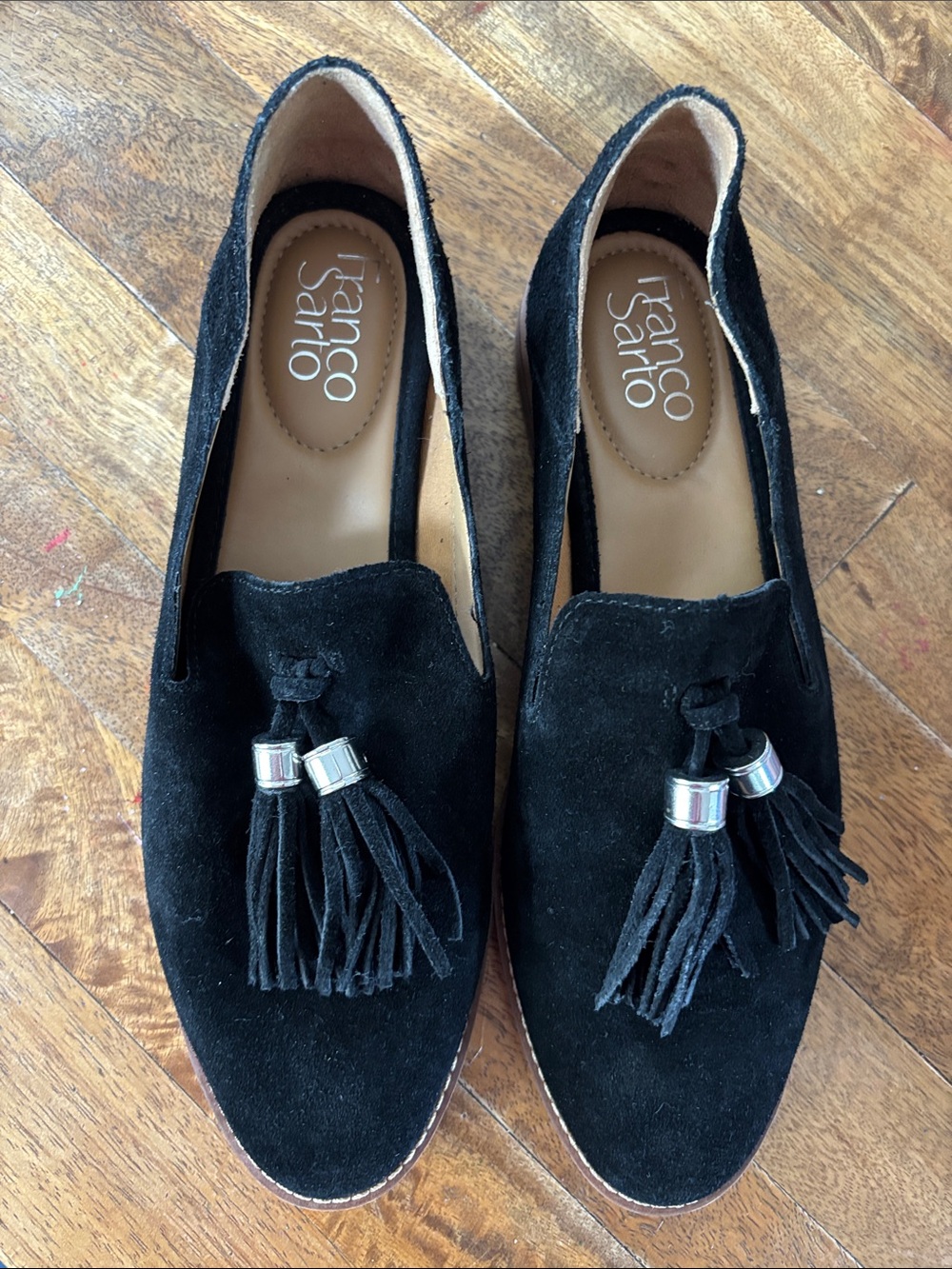 Franco Sarto Hadden Black Suede Tassel Loafers with Silver Accents